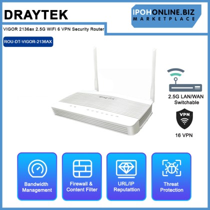 DrayTek Vigor2136ax AX3000 WiFi 6 2.5G 16 VPN Security Router with 1×2.5G WAN & 1×2.5G LAN/WAN Switchable Port DrayTek Vigor2136ax AX3000 WiFi 6 2.5G 16 VPN Security Router with 1×2.5G WAN & 1×2.5G LAN/WAN Switchable Port